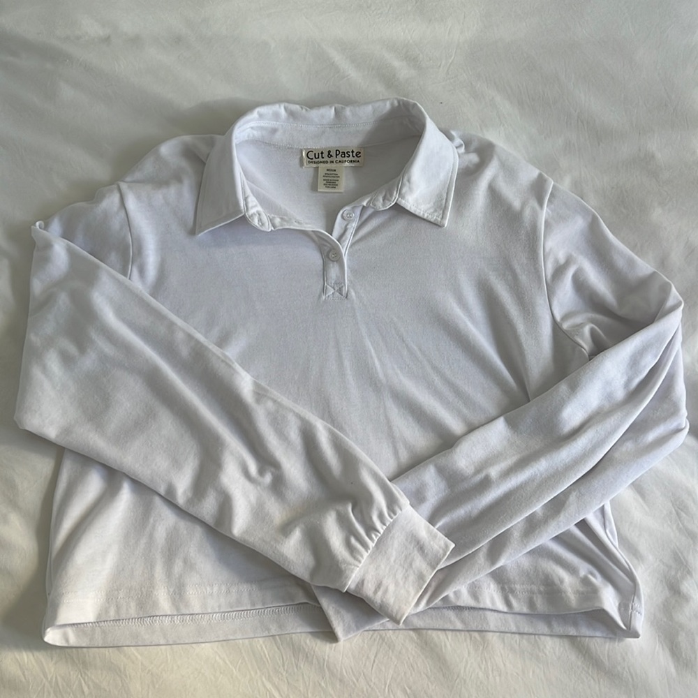 White Button Down Cropped Long Sleeve Cut & Paste Size Medium